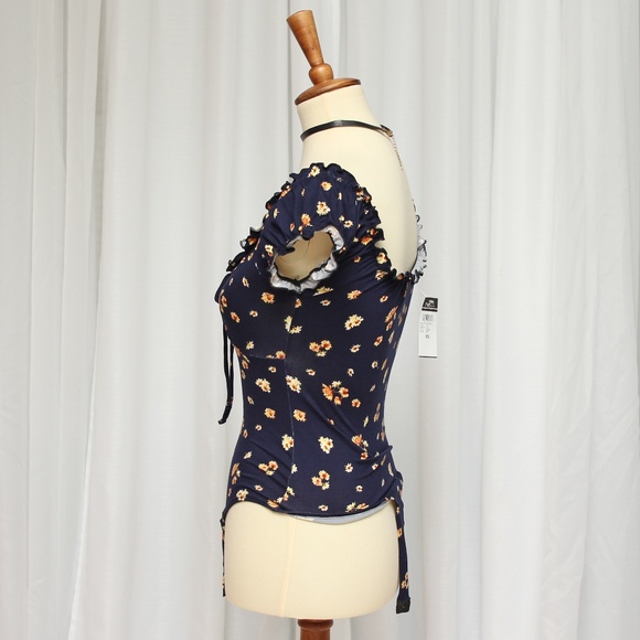 Navy Floral Print Super Soft Puff Sleeve - Picture 5 of 7